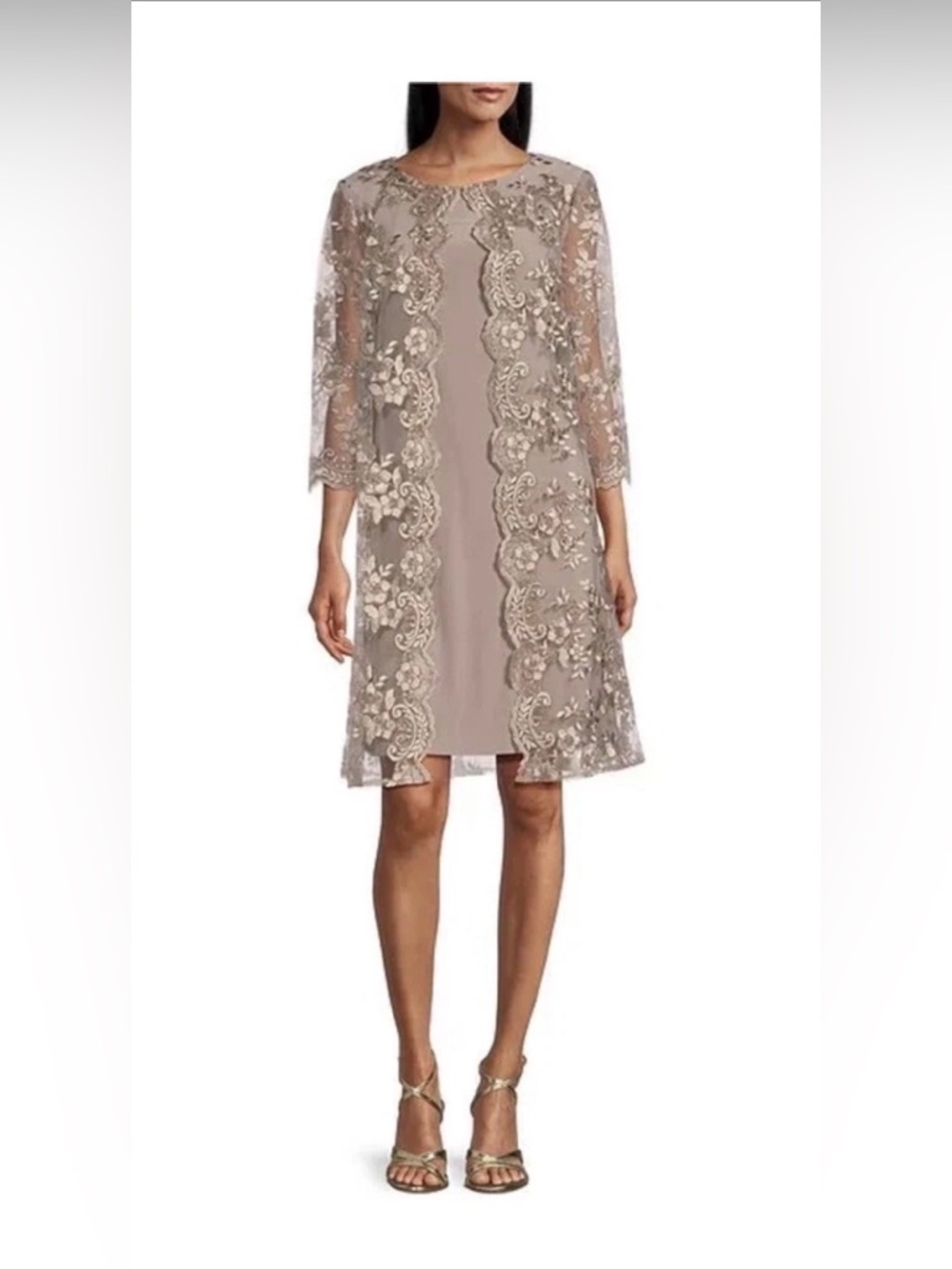 Alex Evenings 3/4 Sleeve Embroidered Scallop Trim Jacket Dress taupe. $228
